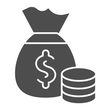 Tasarruf çantası ve madeni paralar. Dolar ve bozuk para destesi sembollü paket, beyaz arka planda kabartma şekilli resim. Mobil konsept ve web tasarımı için para işareti. Vektör grafikleri.