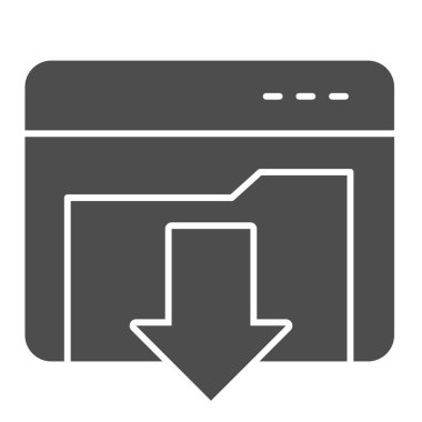 Dizin simgesini indiriyor. Pencere siluetinde aşağı ok olan bilgisayar dizini, beyaz üzerine glyph tarzı resim. Mobil konsept ve web tasarımı için tarayıcı işareti. Vektör grafikleri.