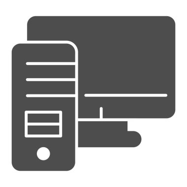 Kişisel bilgisayar simgesi. Monitör sembollü çalışma istasyonu davası, beyaz arkaplanda glifli resim. Mobil konsept ve web tasarımı için multimedya imzası. Vektör grafikleri.