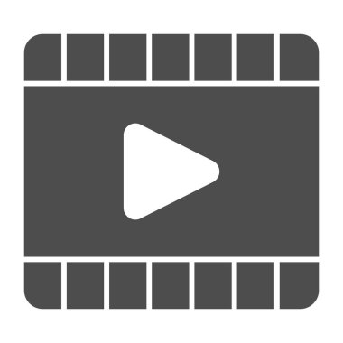 Oyuncu katı simgesi. Film çerçevesi sembolünde video oynatma arayüzü düğmesi, beyaz arkaplanda glyph biçiminde pictogram. Mobil konsept ve web tasarımı için multimedya imzası. Vektör grafikleri.