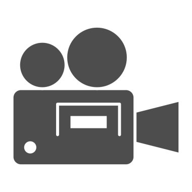 Film projektörü katı simgesi. Sinema kamerası silueti sembolü, beyaz arkaplanda glifli resim. Mobil konsept ve web tasarımı için multimedya imzası. Vektör grafikleri.