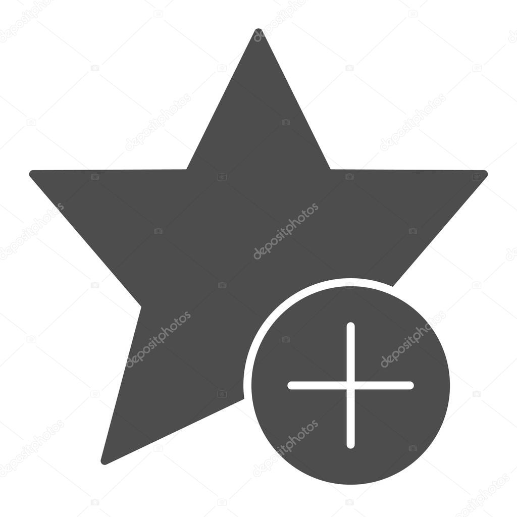 Add to favorites bookmark solid icon. Star shape and button with plus symbol, glyph style pictogram on white background. Multimedia sign for mobile concept and web design. Vector graphics