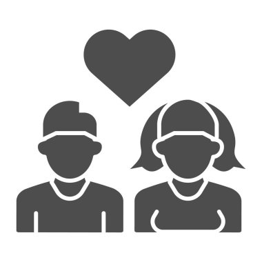 Gençlerle çıkmak sağlam bir ikon. Aşık Hetero çift, kalp sembolü olan kız ve erkek, beyaz üzerine glifli resim. Mobil konsept ya da web tasarımı için ilişki işareti. Vektör grafikleri.