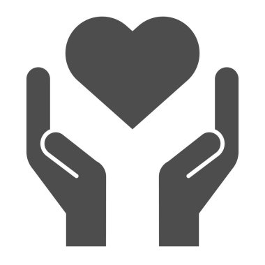 Eller, kalbi katı bir ikon gibi tutuyor. Avuç içi sembolü şeklinde hayırseverlik ve aşk şekli, beyaz arkaplanda kabartma şekli. Mobil konsept ve web tasarımı için ilişki işareti. Vektör grafikleri.