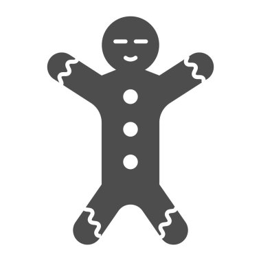 Zencefilli çörek katı bir ikon. Erkek sembolü şeklinde zencefilli kurabiye, beyaz arka planda kabartma şekilli resim. Mobil konsept ve web tasarımı için Noel tabelası. Vektör grafikleri.