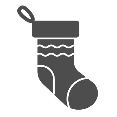 Örgü çorap katı bir ikon. Noel süsü, şimdiki sembol için sıcak çorap, beyaz arka planda kabartma şekilli resim. Mobil konsept ve web tasarımı için tatil ögesi işareti. Vektör grafikleri.