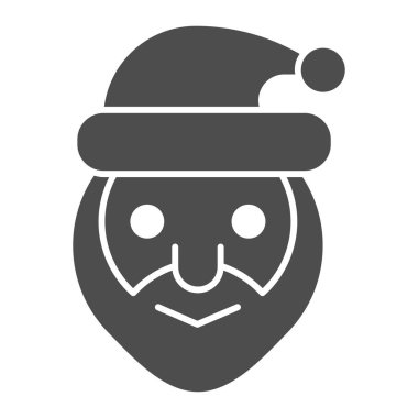 Noel Baba 'nın baş simgesi. Gülümseyen büyükbaba yüz sembolü, beyaz arka planda kabartma şekilli resim. Mobil konsept ve web tasarımı için Noel tabelası. Vektör grafikleri.