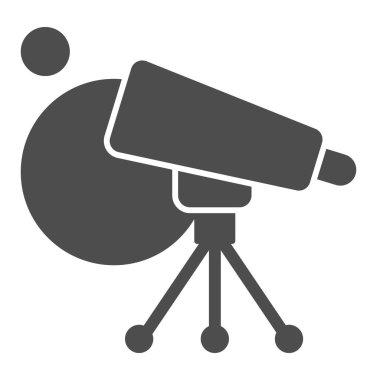 Teleskop ve gezegenler katı bir ikon. Uzay araştırma ekipmanları. Astronomi vektör tasarımı konsepti, beyaz arkaplanda glyph biçimi pictogram.