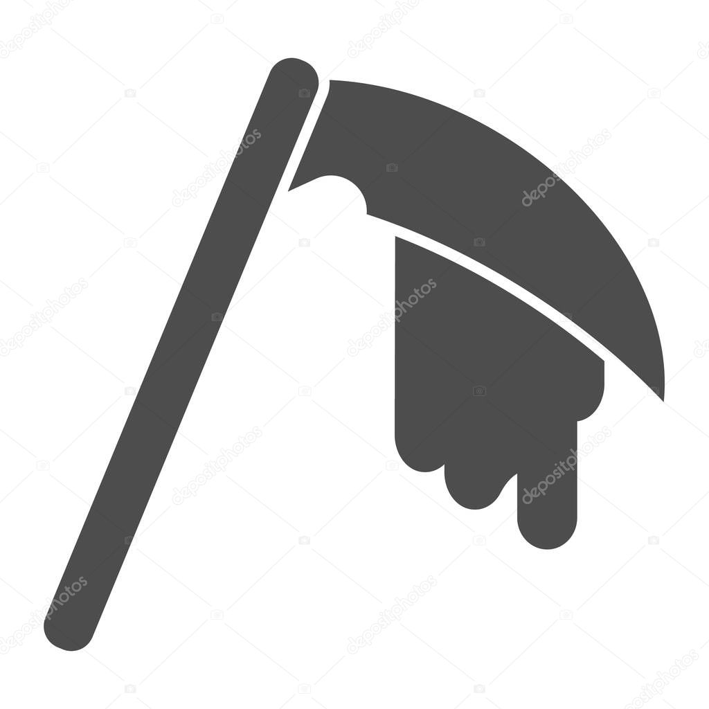Reaper bloodied scythe solid icon. Agriculture inventory item with drop of blood. Halloween party vector design concept, glyph style pictogram on white background.