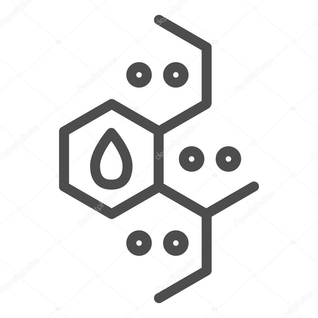 Chemistry molecular element line icon. Combs with dots and drop, molecule formula. Oil industry vector design concept, outline style pictogram on white background.
