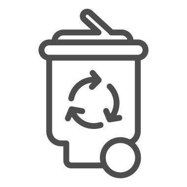 Geri dönüşüm işareti simgesi olan plastik bir çöp kutusu. Çöp kovası, çöp konteynırı. Sıfır atık tasarım konsepti, beyaz arka planda ana hatlı resim çizimi, web ve uygulama için kullanım. Eps 10.