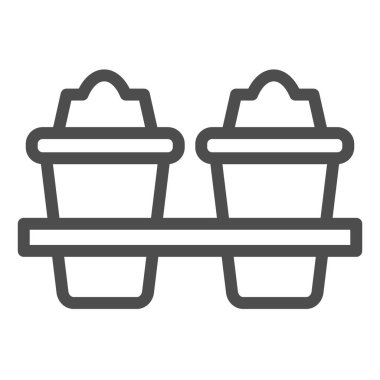 İki plastik kahve fincanı hattı ikonu. Sıcak içecekler için paket servis kupaları. Plastik ürünler tasarım konsepti, beyaz arka planda taslak biçim piktogramı, web ve uygulama için kullanım. Eps 10.