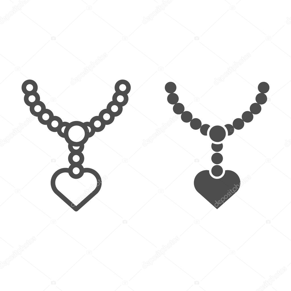 Pearls pendant with heart line and glyph icon. Necklace with pearl vector illustration isolated on white. Jewel outline style design, designed for web and app. Eps 10