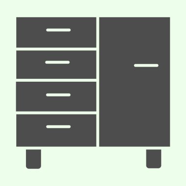 Komodinin yanında sağlam bir simge var. Şirket, beyaz arkaplanda doküman ve dosya glyph tarzı piktogram için dolap elde ediyor. Mobil konsept ve web tasarımı için ofis mobilyası. Vektör grafikleri.