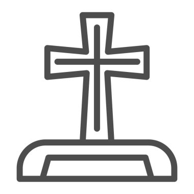 Mezar taşı çizgisi simgesi. İçinde Hıristiyan haçı olan bir mezar kutusu. Cadılar Bayramı parti vektör tasarımı konsepti, beyaz arkaplanda taslak biçim piktogramı.