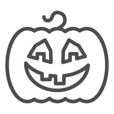 Gülen balkabağı çizgisi ikonu. Hayalet suratlı sebze bitkisi Cadılar Bayramı parti vektör tasarımı konsepti, beyaz arka planda ana hatlı resim çizimi.