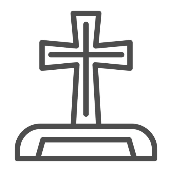 Gravestone-ikonen. Kyrkogårdslåda med kristet kors. Halloween parti vektor design koncept, kontur stil piktogram på vit bakgrund. — Stock vektor