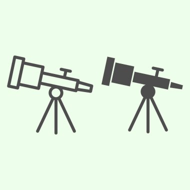 Teleskop hattı ve sağlam bir ikon. Astronomi teleskopları beyaz arkaplanda araç anahatlarını gözlemler. Evren ve güneş sistemi gezici konsept ve web tasarımı için araştırma yapıyor. Vektör grafikleri.