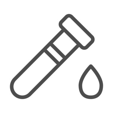 Coronavirus kan testi çizgisi ikonu. Bırakma sembollü test tüpü, beyaz arkaplanda ana hatlı resim. Tüp matara tabelasında virüs analizi ve internet tasarımı. Vektör grafiği.