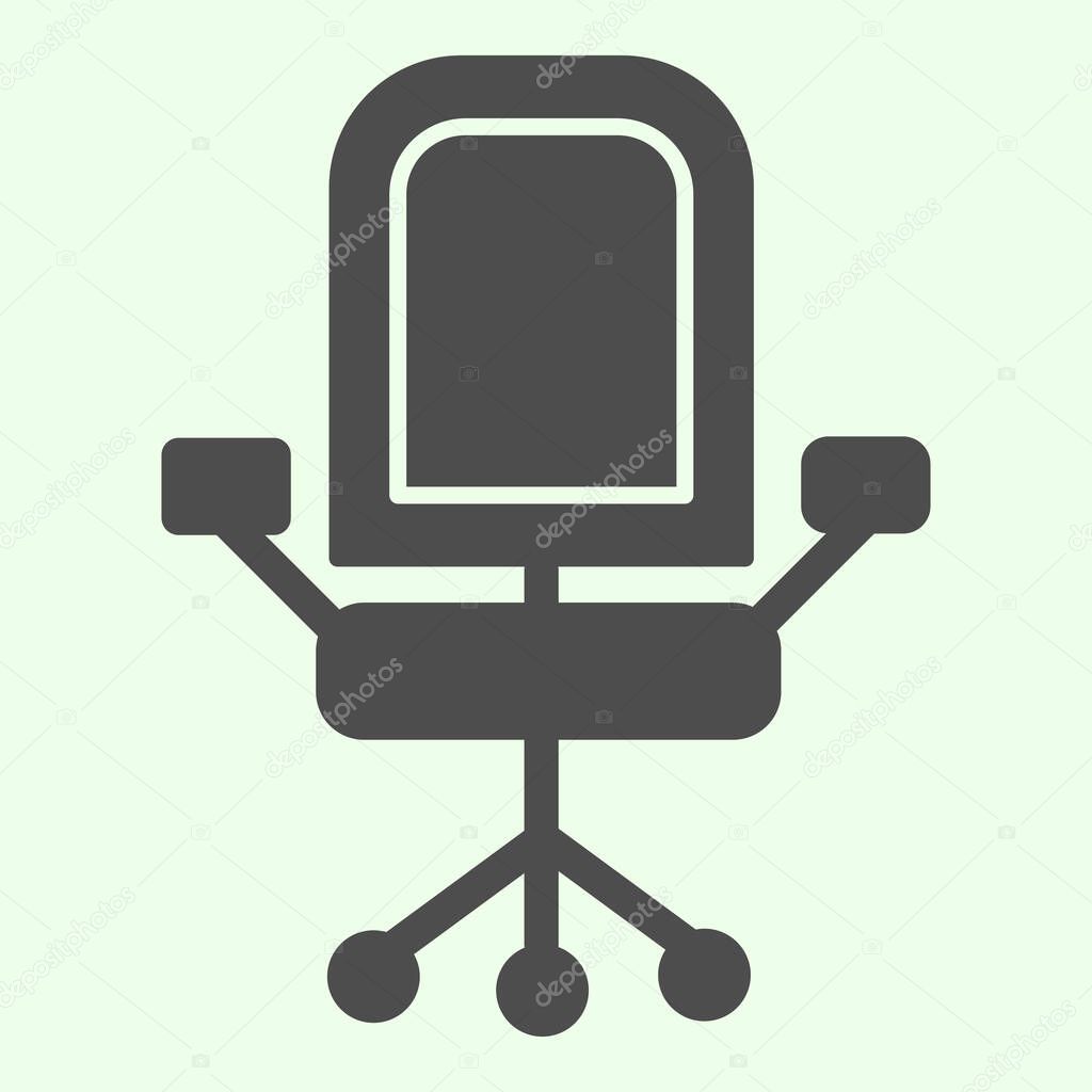 Office chair solid icon. Armchair with wheels of comfortable business furniture glyph style pictogram on white background. Office chief seat for mobile concept and web design. Vector graphics
