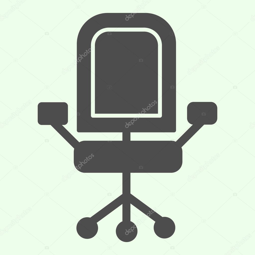 Office chair solid icon. Armchair with wheels of comfortable business furniture glyph style pictogram on white background. Office chief seat for mobile concept and web design. Vector graphics.