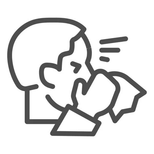 Mannen med rinnande näsa hålla servetten linje ikon. Sjuk person nysningar symbol, skissera stil piktogram på vit bakgrund. Coronavirus symptom underteckna mobila koncept och webbdesign. Vektorgrafik. — Stock vektor