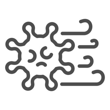 Havadan yayılan bakteri çizgisi simgesi. Coronavirus hava sembolü ile yayılmış, beyaz arka planda ana hatlı resim. Mobil konsept ve web tasarımı için Covid-19 viral mikroorganizma işareti.