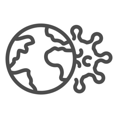 Dünya gezegeni ve koronavirüs çizgisi ikonu. Küresel korona virüsü beyaz arka planda ana hatlı resim grafiği yayıyor. Gezici konsept ve web tasarımı için dünya çapında salgın işareti. Vektör grafikleri.