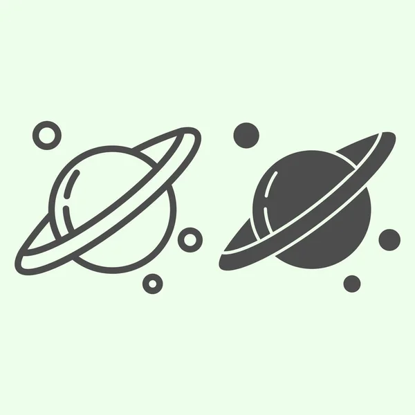 Linia spațială și planetele și icoana solidă. Planeta Saturn cu sistem solar de inel planetar conturează pictograma stilului pe fundal alb. Universul explorează conceptul de mobil și designul web. Grafica vectoriala . — Vector de stoc