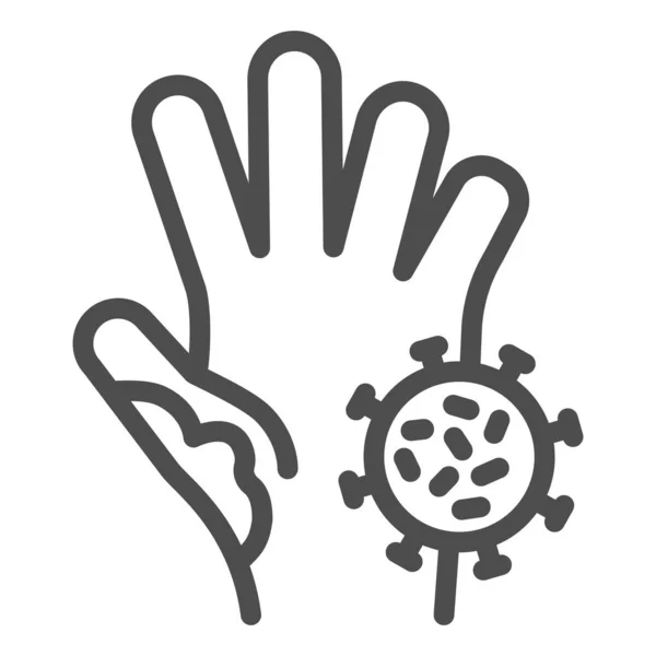 바이러스 선 아이콘을 씻지 않은 손. 코로나 바이러스를 예방하는 방법은 상징, 윤곽을 흰색 배경에 표시하는 방식을 퍼뜨렸다. 모바일 및 웹 디자인을 위한 손바닥에 있는 박테리아 감염. 벡터 그래픽. — 스톡 벡터