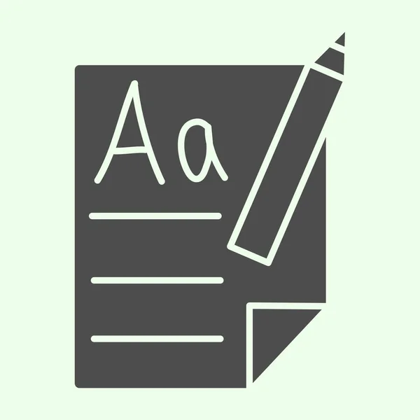 Schooldossier en potlood solide icoon. Studeren van papier vel met eerste letters leren glyph stijl pictogram op witte achtergrond. Onderwijsborden voor mobiel concept en webdesign. vectorgrafieken. — Stockvector