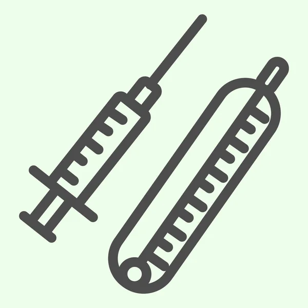 Icône de ligne de seringue. Seringue médicale avec vaccin et thermomètre schéma pictogramme de style sur fond blanc. Chimie et signes de médecine pour concept mobile et web design. Graphiques vectoriels . — Image vectorielle