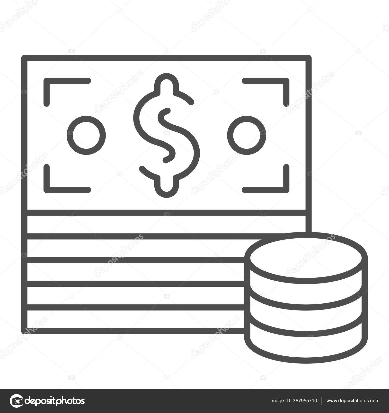 은행권 과 동전얇은 라인 아이콘. 현금 기호가 있는 부의 개념, 흰색 배경에 대한 개요 스타일 픽토그램. 모바일 컨셉 과 웹 디자인을  위한 돈 사인. 벡터 그래픽. 스톡 벡터 - ©sabustock 367955710, image size:1600x1700