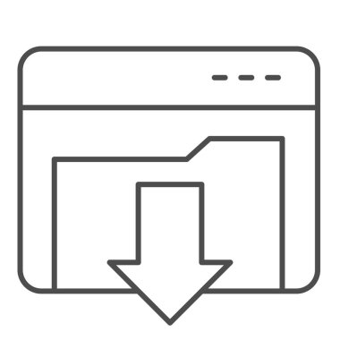 Dizin ince satır simgesini indirir. Pencere siluetinde aşağı ok olan bilgisayar dizini, beyaz üzerine resim çizimi. Mobil konsept ve web tasarımı için tarayıcı işareti. Vektör grafikleri.