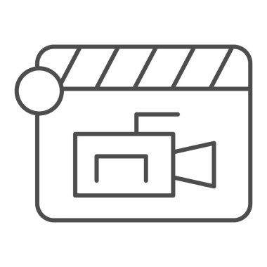 Video kamera oynatma ve sağlam çizgi simgesi. Film yapımı film şeridi ve kamera sembolü, beyaz arka planda ana hatlı resim. Mobil konsept ve web tasarımı için multimedya imzası. Vektör grafikleri.