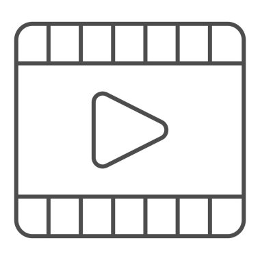 Oyuncu ince çizgi simgesi. Film çerçevesi sembolündeki video oynatma arayüzü düğmesi, beyaz arkaplanda ana hatlı resim grafiği. Mobil konsept ve web tasarımı için multimedya imzası. Vektör grafikleri.