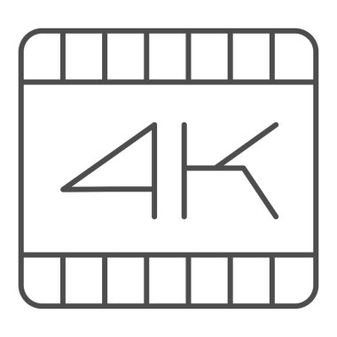 4K boyutlu film çerçeve ince çizgi simgesi. Ultra yüksek görüntü kalitesi uzatma sembolü, beyaz arkaplanda ana hatlı resim çizimi. Mobil konsept veya web tasarımı için çokluortam imzası. Vektör grafikleri.