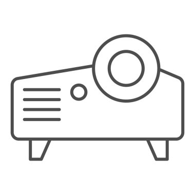 Projektör ince çizgi simgesi. Projeksiyon cihazı, video ve sunum ögesi sembolü, beyaz arkaplanda taslak biçiminde pictogram. Mobil konsept ve web tasarımı için multimedya imzası. Vektör grafikleri.