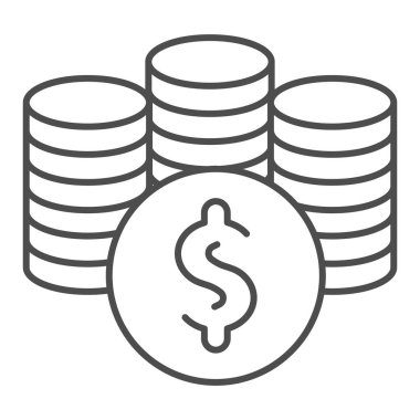 Bozuk para yığını ince çizgi simgesi. Dolar, banka ya da kumarhane sembollü üç bozuk para yığını, beyaz arka planda ana hatlı resim. Mobil konsept ve web tasarımı için para işareti. Vektör grafikleri.
