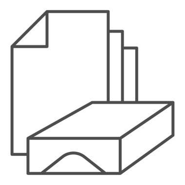 Bir yığın kağıt ince çizgi ikonu. Kutu ve çarşaf sembolü, beyaz arkaplanda ana hatlı resim. Mobil konsept ve web tasarımı için ofis ya da kırtasiye öğesi işareti. Vektör grafikleri.