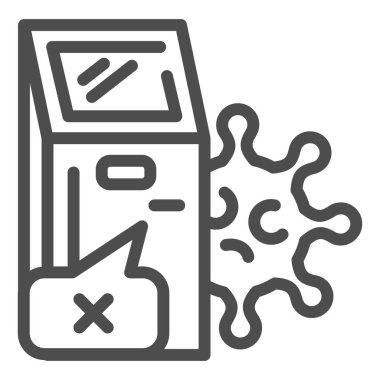 Hijyen ödemesi ve koronavirüs hattı ikonu. Covid-19 virüs sembollü bilgi terminali, beyaz zemin üzerinde ana hatlı resim. Temassız satın alma işareti konsepti ve web kullan.