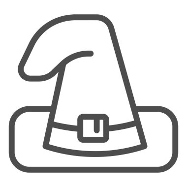 Cadı şapkası çizgisi simgesi. Büyücü kara büyü şapkası. Cadılar Bayramı parti vektör tasarımı konsepti, beyaz arkaplanda taslak biçim piktogramı.