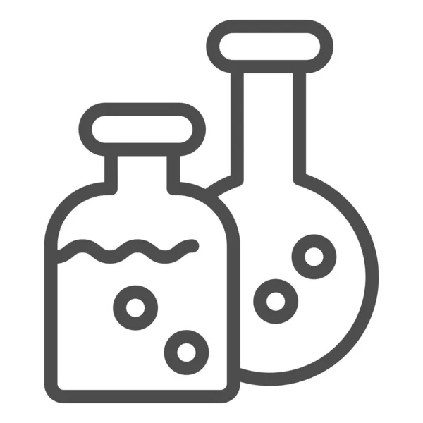 İksir şişesi çizgisi simgesi. İki şişe, kimya laboratuvarı. Cadılar Bayramı parti vektör tasarımı konsepti, beyaz arkaplanda taslak biçim piktogramı. — Stok Vektör