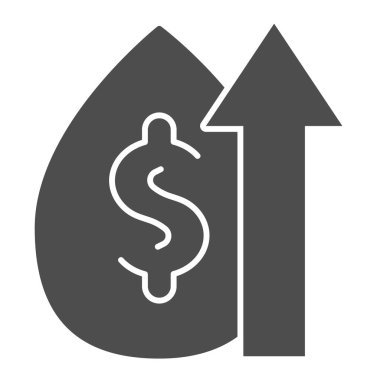 Fiyat artışı simgesi. Piyasa büyümesi grafiği, dolar işareti ve okla birlikte düşüyor. Petrol endüstrisi vektör tasarımı konsepti, beyaz arkaplanda glyph biçimi pictogram.