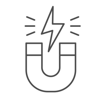 Mıknatıs ince çizgi simgesi. Enerji işaretli at nalı, manyetizma çekimi. Fizik konusu vektör tasarımı konsepti, beyaz arkaplan üzerindeki taslak biçim piktogramı.