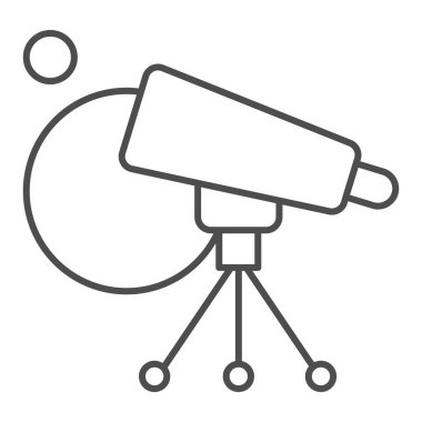 Teleskop ve gezegenler ince çizgi ikonu. Uzay araştırma ekipmanları. Astronomi vektör tasarımı konsepti, beyaz arkaplanda taslak biçim piktogramı.