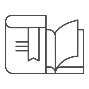 Ders kitabı ve defter ince çizgi simgesi. Öğrenci kitabı ve çalışma kitabı. Eğitim vektörü tasarımı konsepti, beyaz arkaplan üzerindeki taslak biçim piktogramı.
