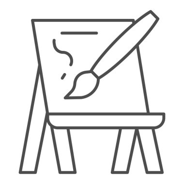 Easel ve fırça ince çizgi simgesi. Çizim tahtası ve palet sopasıyla. Sanatçı eğitimi vektör tasarımı konsepti, beyaz arkaplan üzerinde ana hatlı biçim pictogramı.