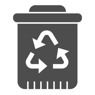 Geri dönüşüm kutusunda geri dönüşüm simgesi var. Atık ayıklama için plastik kova. Sıfır atık tasarım konsepti, beyaz arka planda glifli resim, web ve uygulama için kullan. Eps 10.