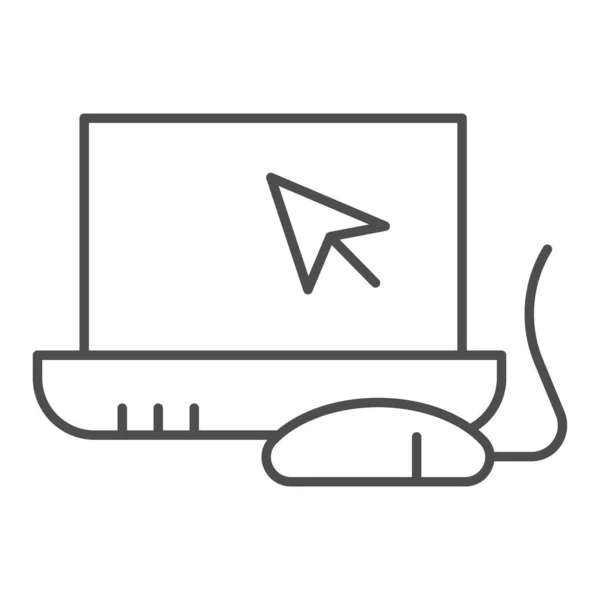 Laptop e ícone de linha fina do mouse. Monitor de caderno com cursor e mouse. Conceito do projeto do vetor da ciência da computação, pictograma do estilo do esboço no fundo branco . — Vetor de Stock